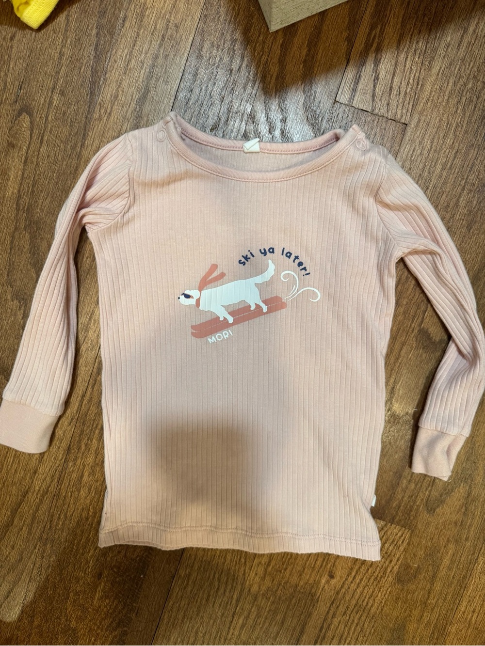 Mori Girls Pink Ribbed Long-Sleeve Tee with Ski Dog Graphic